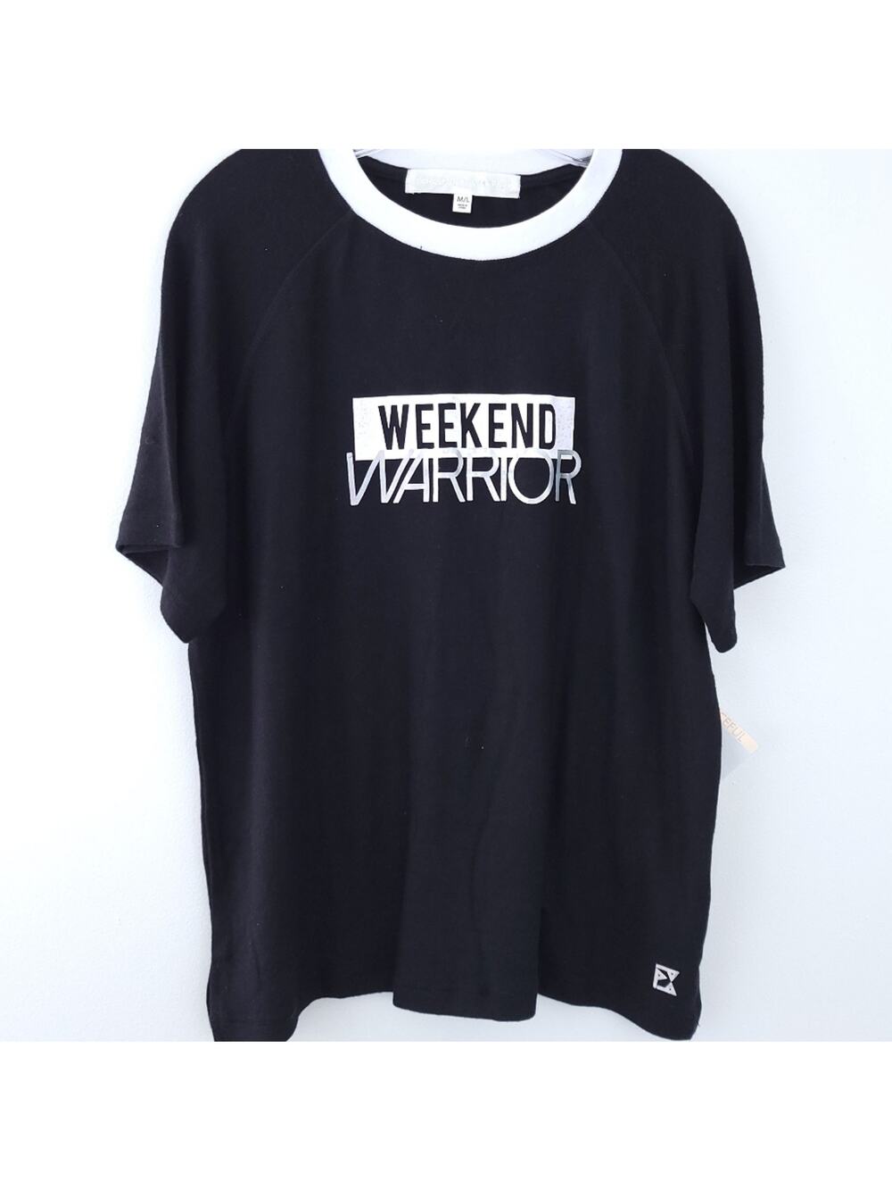 New Peaceful Warrior Sarah Raglan "Weekend Warrior" Tee Medium/Large Black White